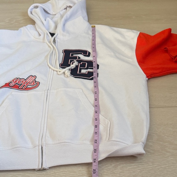Divided White and Red Zip-Up Hoodie with Varsity Patches - Picture 6 of 8